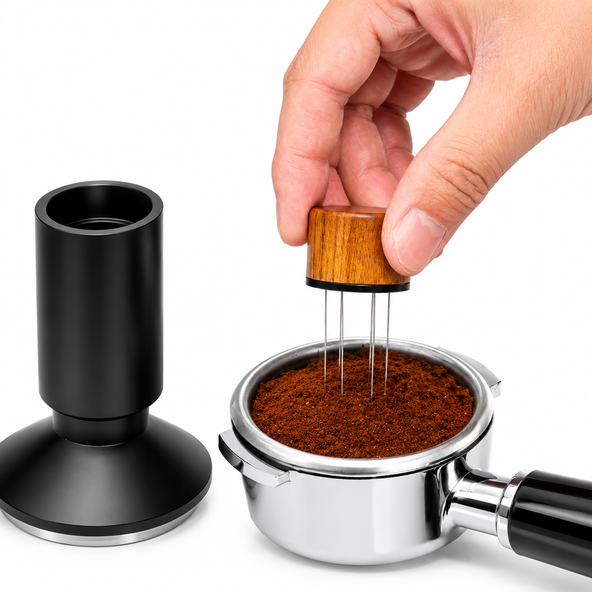 Yozcoffee Pressino e distributore WDT 2 in 1 per espresso 53 mm in acciaio inox, nero - immagine del prodotto