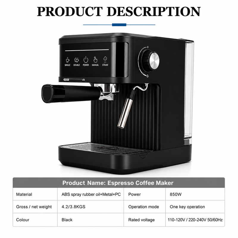 20 Bar Espresso Machine with Steam Wand & 1.8L Tank: black specifications infographic