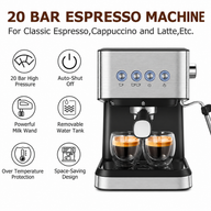 Yozcoffee Macchina per espresso 20 bar da 1,5 L in acciaio inox, nera - miniatura 2