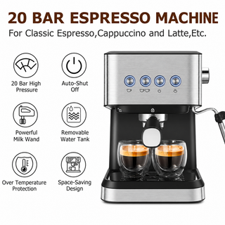 Yozcoffee Macchina per espresso 20 bar da 1,5 L in acciaio inox, nera — vista alternativa