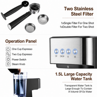 Yozcoffee Macchina per espresso 20 bar da 1,5 L in acciaio inox, nera - miniatura 5