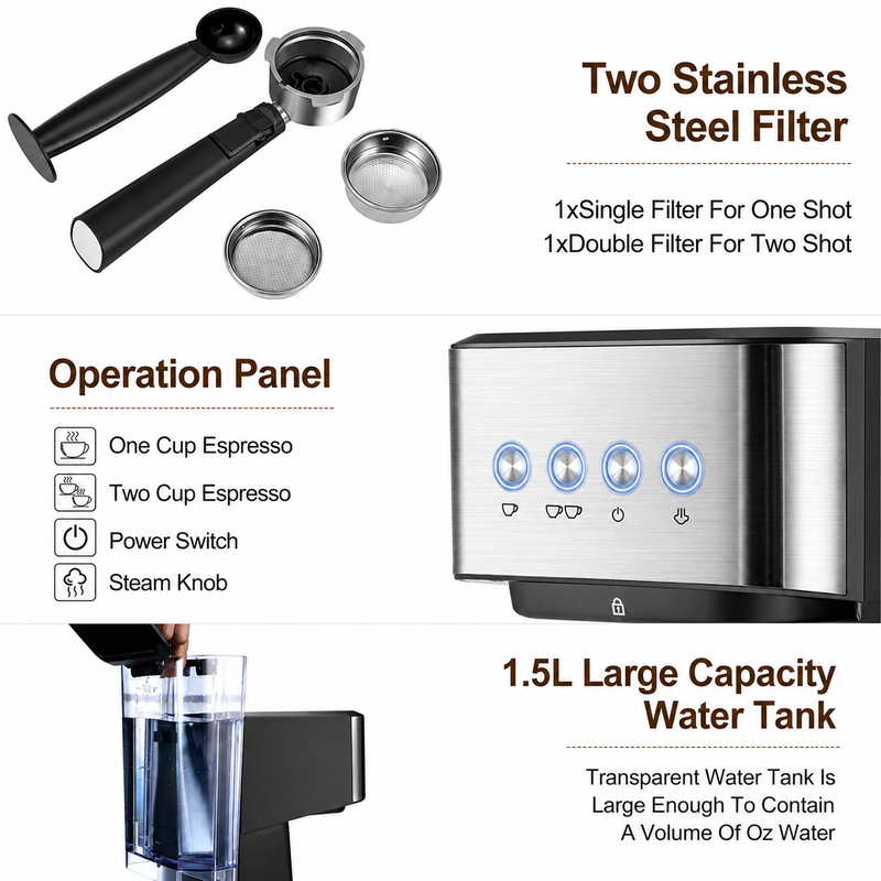 Yozcoffee Macchina per espresso 20 bar da 1,5 L in acciaio inox, nera - immagine del prodotto