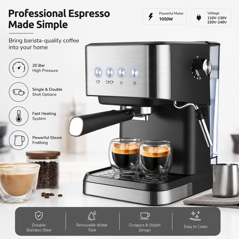 Yozcoffee Macchina per espresso 20 bar da 1,5 L in acciaio inox, nera - immagine del prodotto