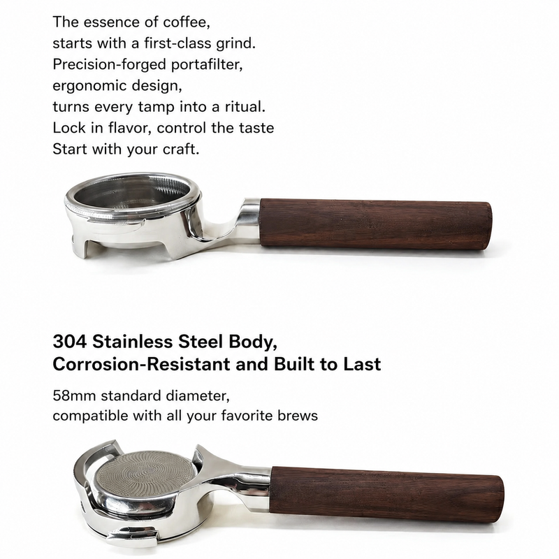 Yozcoffee Portafiltro E61 senza fondo 58 mm con manico in noce, oro/argento - immagine del prodotto
