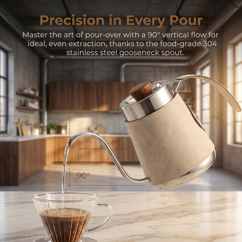 Yozcoffee Bollitore a collo d'oca per pour-over 600/700 ml in acciaio inox 304 rivestito in pelle - immagine del prodotto