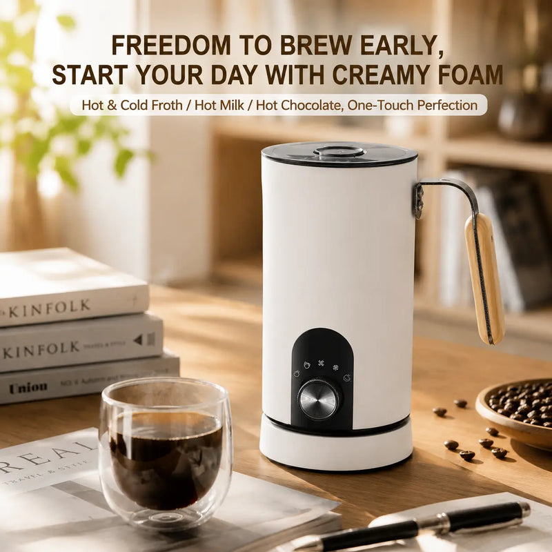 Yozcoffee automatic milk frother beside a cup of coffee in a kitchen