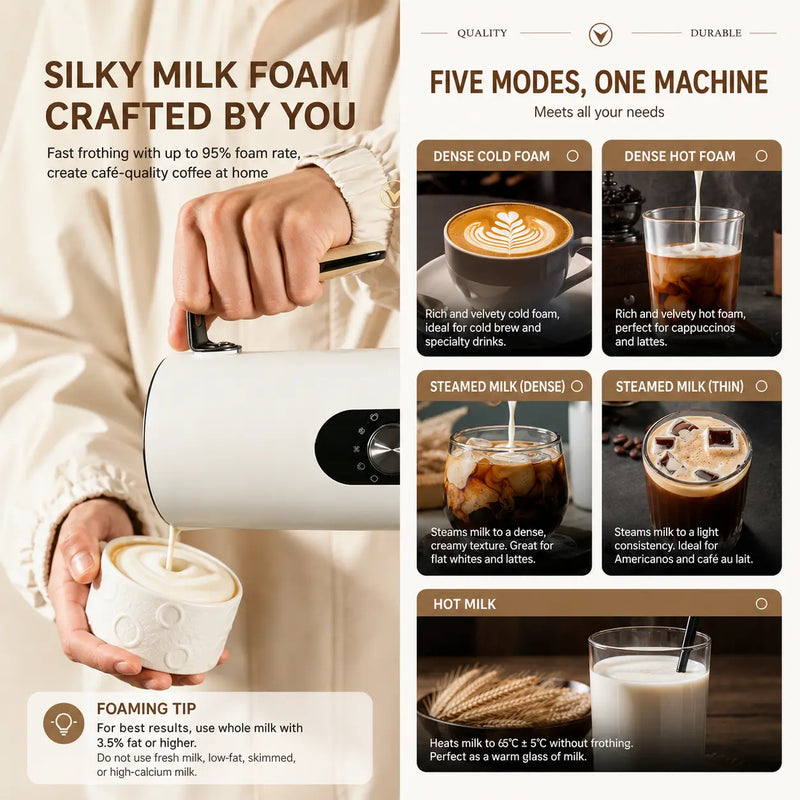 Five hot and cold foam and milk modes for coffee drinks