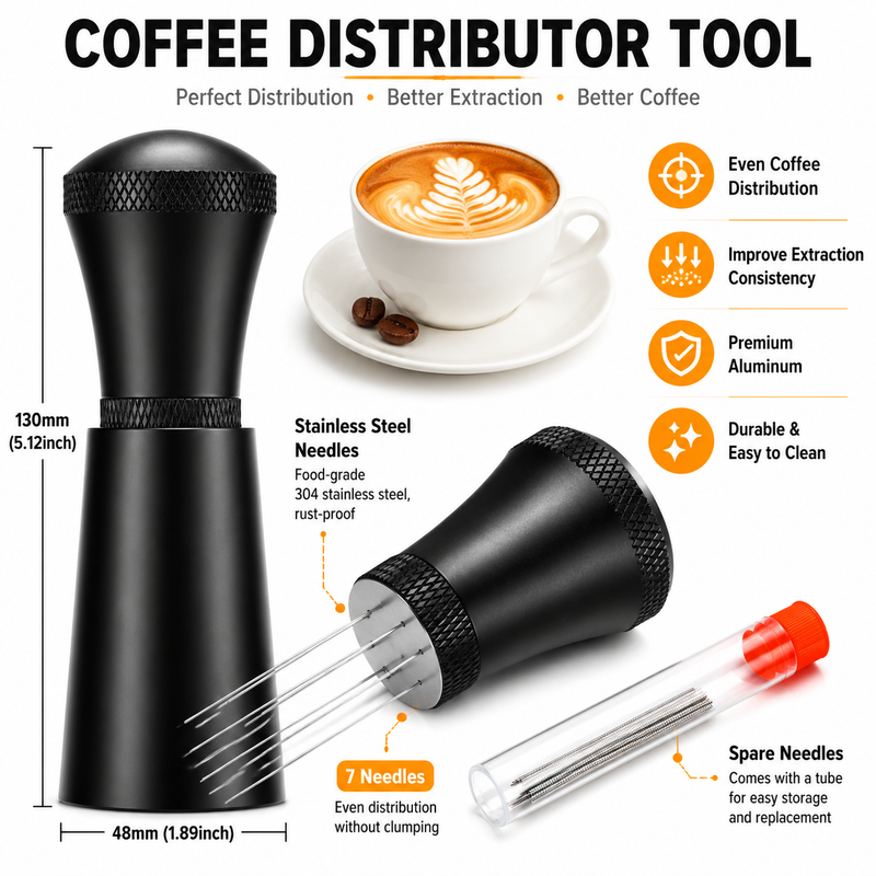 Yozcoffee Strumento WDT a 7 aghi per espresso in lega di alluminio, argento/nero - immagine del prodotto