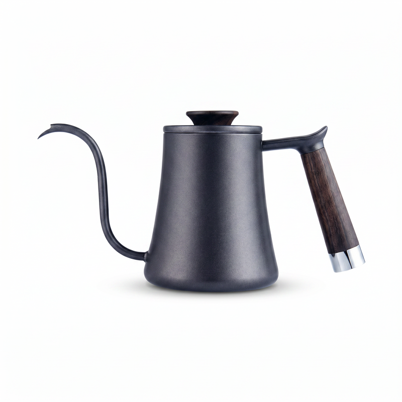 Yozcoffee Bollitore a collo d'oca per pour-over 350/600 ml con manico in legno, nero/bianco - immagine del prodotto