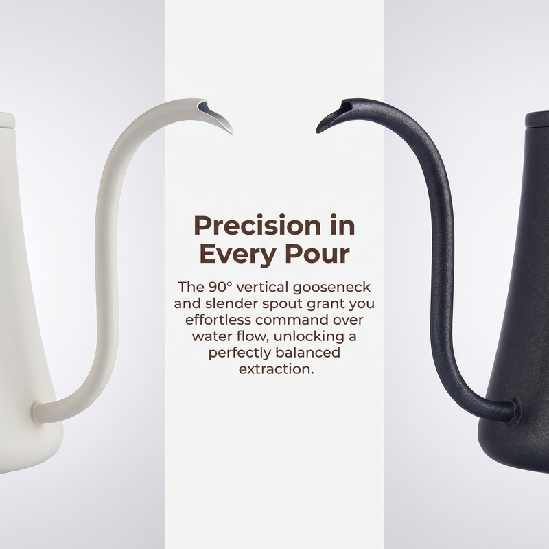 Yozcoffee Bollitore a collo d'oca per pour-over 350/600 ml con manico in legno, nero/bianco - immagine del prodotto